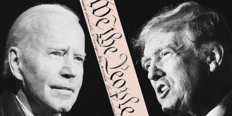 A split of Joe Biden and Donald Trump separated by the words  "We the People"