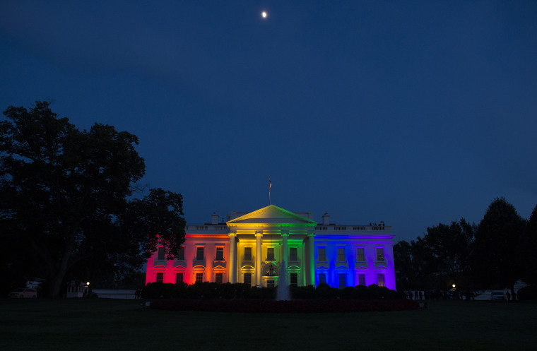 The White House is blanketed in rainbow colors symbolizing LGBT pride on June 26, 2015. 