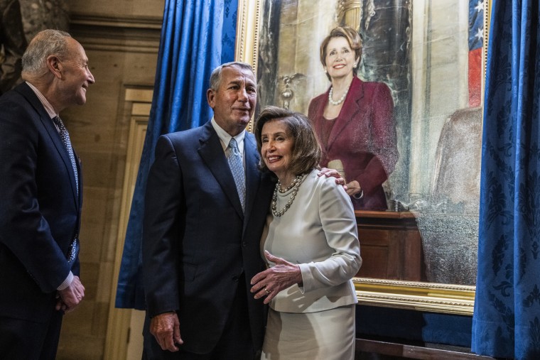 Speaker of the House Nancy Pelosi, D-Calif., greets former Speaker John Boehner, R-Ohio, during a portrait unveiling ceremony for Pelosi in the U.S. Capitols Statuary Hall on Dec. 14, 2022.