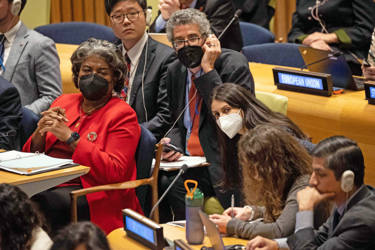 Permanent Representative and Ambassador of the U.S. Linda Thomas-Greenfield, left, and other representatives during the meeting regarding the removal of Iran from membership in the Commission on the Status of Women at the United Nations on Dec. 14, 2022. 