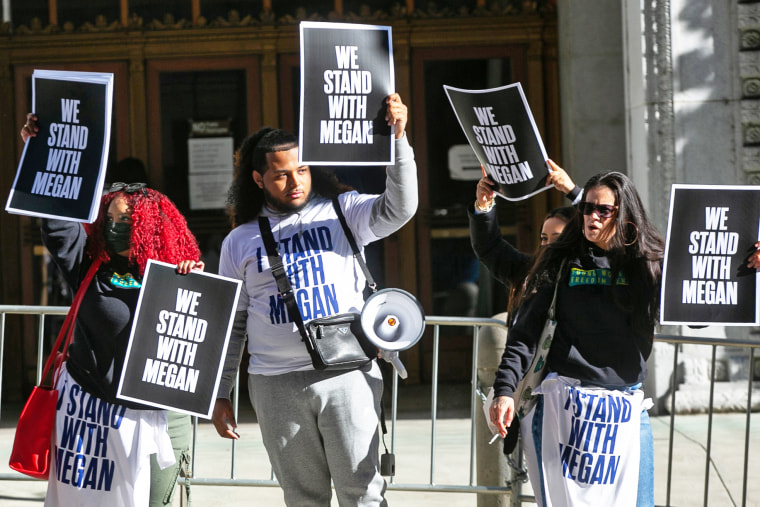 People rally in support of Megan Thee Stallion in Los Angeles