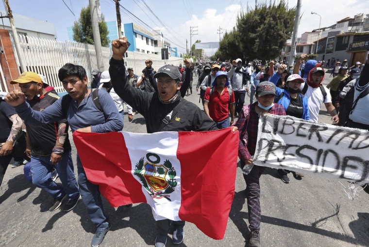 Supporters of ousted Peruvian President Pedro Castillo protest his detention in Arequipa, Peru