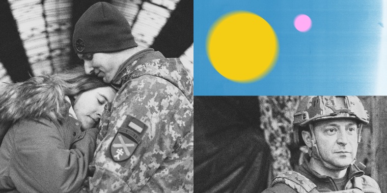 Photo illustration of a Ukrainian soldier hugging his girlfriend, and Ukrainian President Zelenskyy in military uniform.