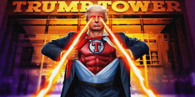 Image: Screengrab of a digital trading card (NFT) of Donald Trump revealing a monogrammed bodysuit and fire blazing out of his eyes.