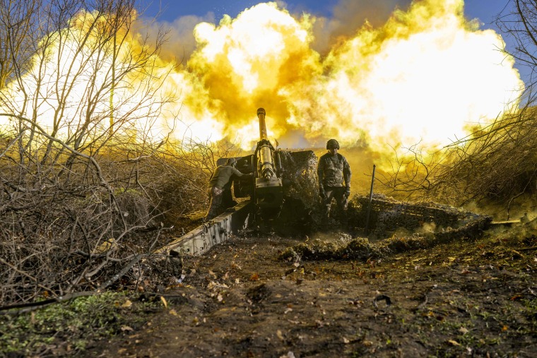 A Ukrainian artillery unit fires towards Russian positions outside Bakhmut on Nov. 8, 2022. 