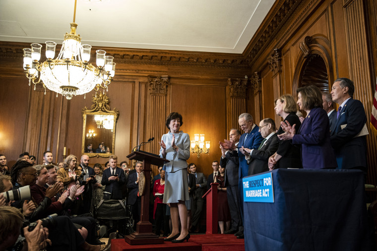 Senator Susan Collins, R-Maine, during a bill enrollment ceremony for H.R. 8408, the Respect for Marriage Act, at the U.S. Capitol on Dec. 8, 2022.