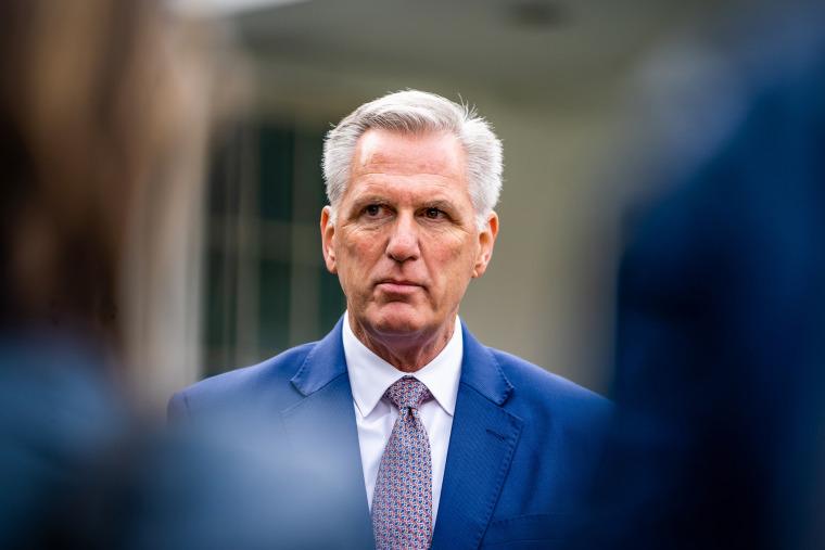 Minority Leader Representative Kevin McCarthy speaks to the press following a meeting with President Joe Biden and other congressional leaders in the Roosevelt Room of the White House on November 29, 2022.