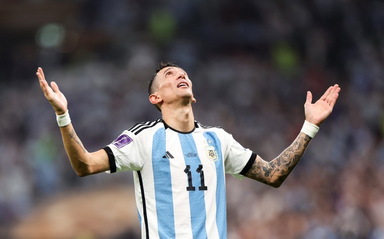 Angel Di Maria of Argentina celebrates after scoring the team's second goal during the World Cup final against France at Lusail Stadium on Dec. 18, 2022, in Qatar.