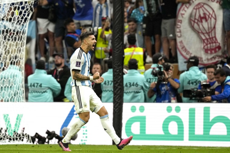 Argentina's Gonzalo Montiel celebrates after the decisive penalty during the World Cup final against France in Lusail, Qatar, on Dec. 18, 2022.