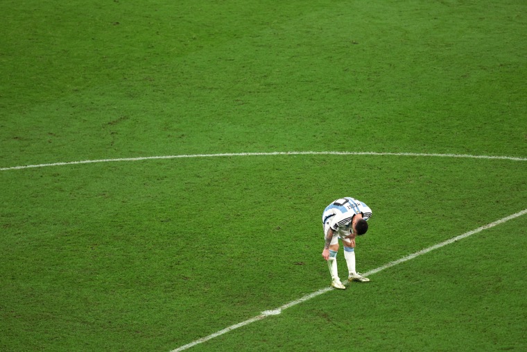 Lionel Messi of Argentina reacts during the World Cup final against France on Dec. 18, 2022, in Lusail City, Qatar.