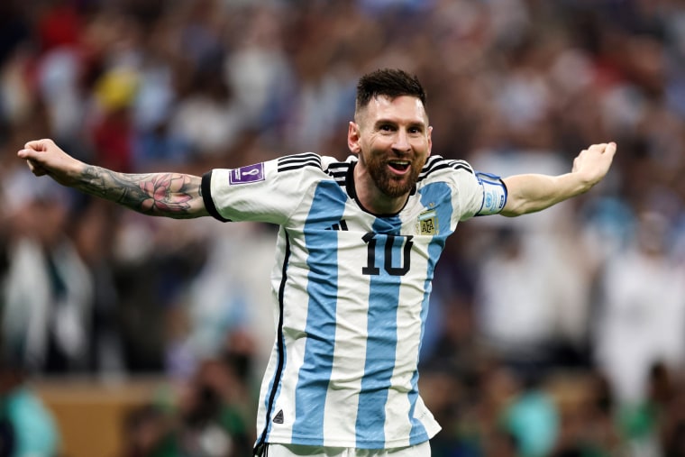 Lionel celebrates after scoring the team's third goal during World Cup final against France on Dec. 18, 2022, in Lusail City, Qatar.