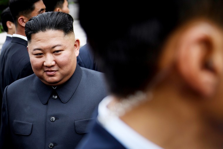 North Korea's leader Kim Jong-un walks to a meeting with former President Donald Trump in the Demilitarized Zone (DMZ) on June 30, 2019, in Panmunjom, Korea. 