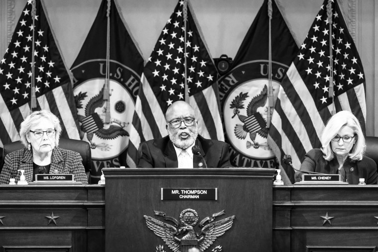 Committee Chairman Rep. Bennie Thompson, D-Miss., center, with  Rep. Zoe Lofgren, D-Calif., and co-chair Rep. Liz Cheney, R-Wyo., during the final public meeting of the House committee investigating the Jan. 6 attack on Capitol Hill on Dec. 19, 2022.