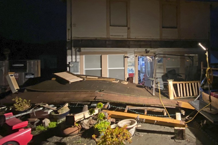 Earthquake damage outside a building in Rio Dell, Calif.