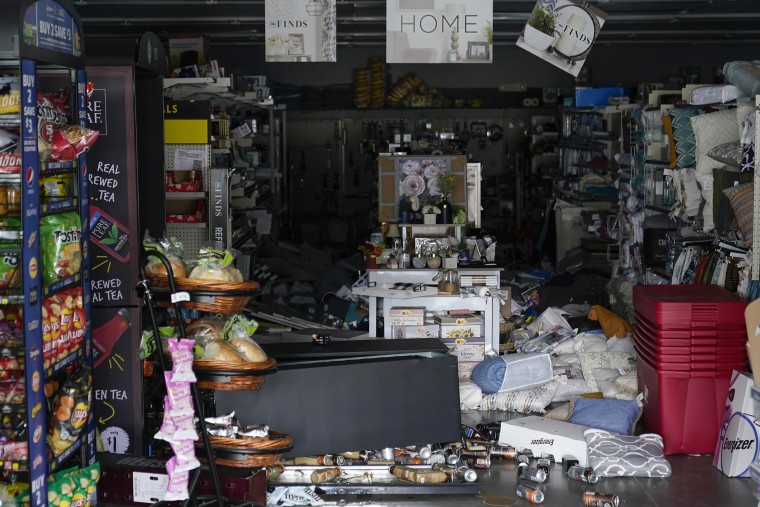 Merchandise knocked off the shelves inside a Dollar General store after an earthquake in Rio Dell, Calif.,