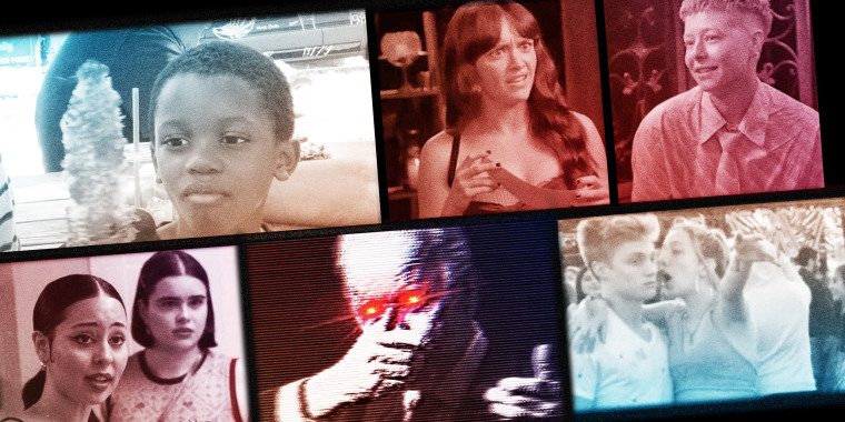 Photo illustration: Mosaic of images, a boy looking at a corn cob, Olivia Cooke and  Emma D’Arcy, a girl yelling in a boy's ear, pixellated image of Joe Biden with lazer eyes and character Maddy and Kat in a still from Euphoria.