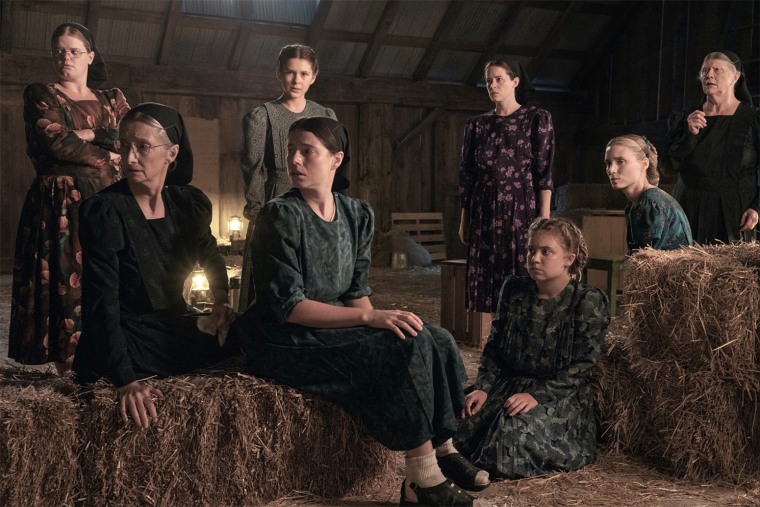From left, Michelle McLeod stars as Mejal, Sheila McCarthy as Greta, Liv McNeil as Neitje, Jessie Buckley as Mariche, Claire Foy as Salome, Kate Hallett as Autje, Rooney Mara as Ona and Judith Ivey as Agata in "Women Talking."