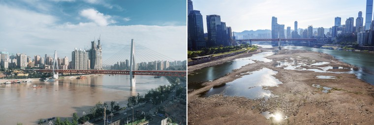 Dongshuimen Bridge in Chongqing, China, on July 17, 2018, left, and August 18, 2022.