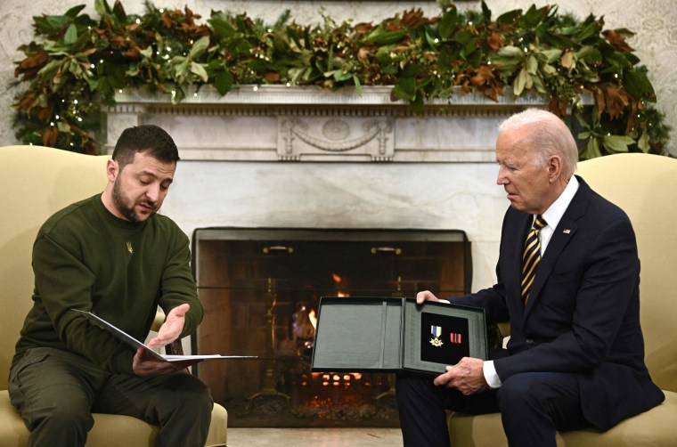 President Joe Biden and Ukraine's President Volodymyr Zelensky meet in the Oval Office of the White House on Dec. 21, 2022.