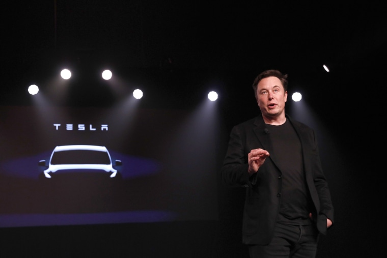 Elon Musk during an unveiling event for the Tesla Model Y in Hawthorne, Calif.,