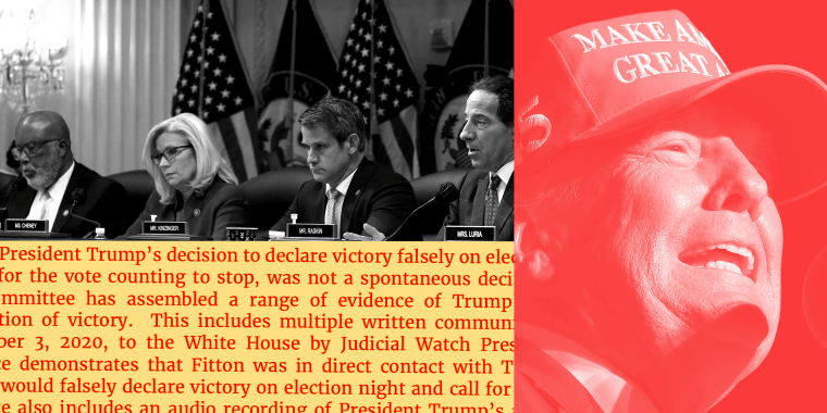 Photo collage: Image of members of the House Select Committee to Investigate the January 6th Attack on the U.S. Capitol, image of Donald Trump wearing the Make America Great Gain hat with a red overlay and extracts from a report. Part of the text reads," President Trump's decision to declare victory falsely on.."