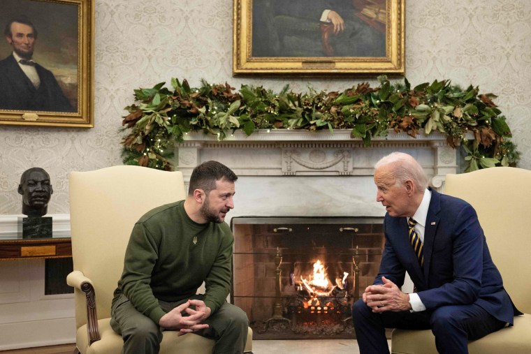 President Joe Biden and Ukraine's President Volodymyr Zelenskyy meet in the Oval Office on Dec. 21, 2022.