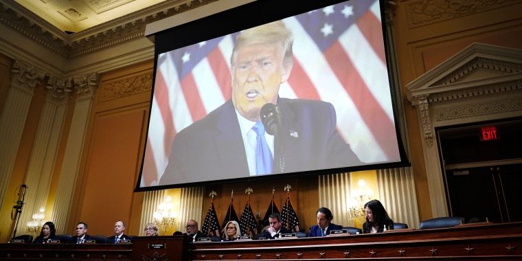 A video of former President Donald Trump is shown as the House select committee investigating the Jan. 6 attack on the U.S. Capitolp