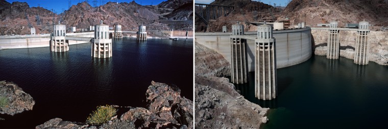 Water intake towers at the Hoover Dam in Las Vegas, on June 6, 1979, left, and on Aug. 19, 2022.   