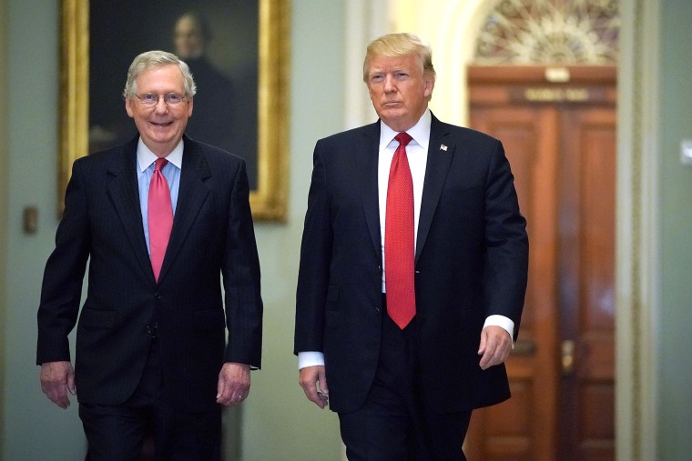 WASHINGTON, DC - OCTOBER 24: Senate Majority Leader Mitch McConnell (R-KY) (L) and U.S. President Donald Trump arrive for the Republican Senate Policy Luncheon at the U.S. Capitol October 24, 2017 in Washington, DC. Trump joined the senators to talk about upcoming legislation, including the proposed GOP tax cuts and reform. (Photo by Chip Somodevilla/Getty Images)