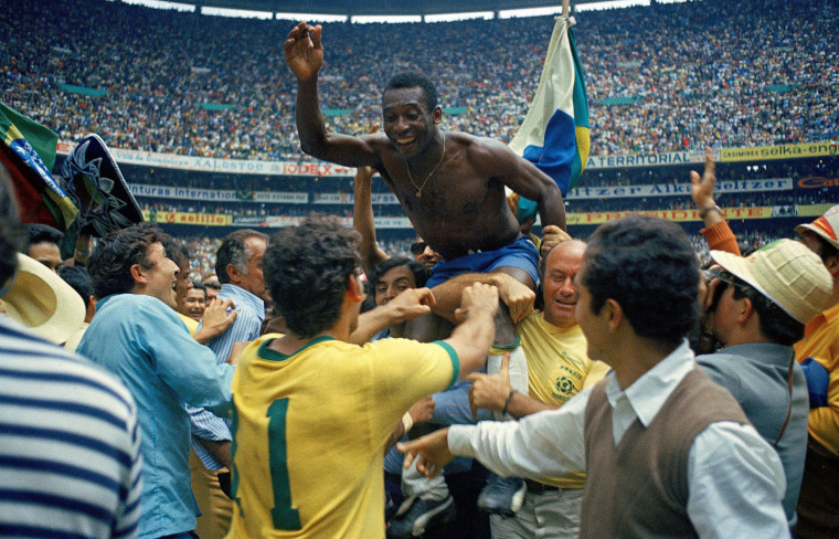 Pele celebrates winning the 1970 World Cup in Mexico.