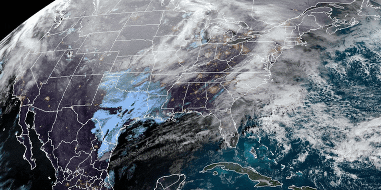 A view from a NOAA satellite of the winter storm moving across the U.S.