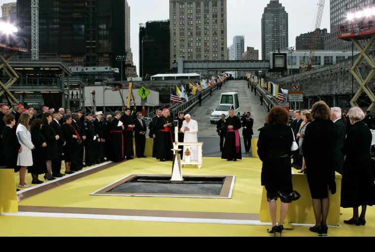 Benedict XVI Sunday pleaded for an end to sectarian hatreds as he became the first pontiff to pray at Ground Zero, the site where nearly 3,000 people died in the September 11, 2001 attacks. 