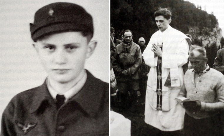 Joseph Ratzinger as a German Air Force assistant in 1943 and as a young priest in southern Germany, 1952. 