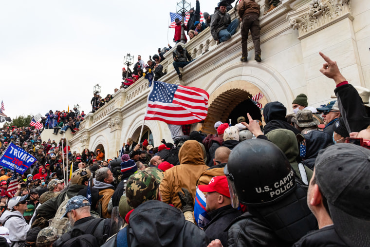 Demonstrators attempt to enter the Capitol building during a protest in Washington, D.C. on Jan. 6, 2021.