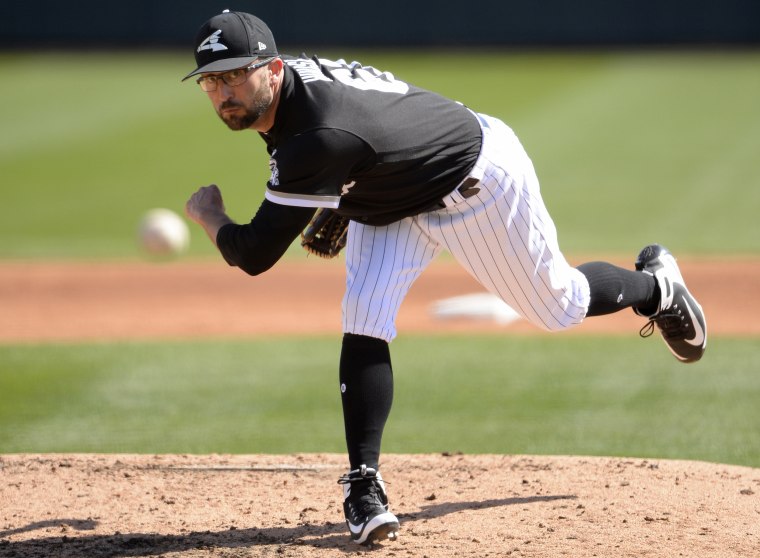 T.J. House of the White Sox pitches against the Texas Rangers  in Glendale Ariz., on Feb. 28, 2018.