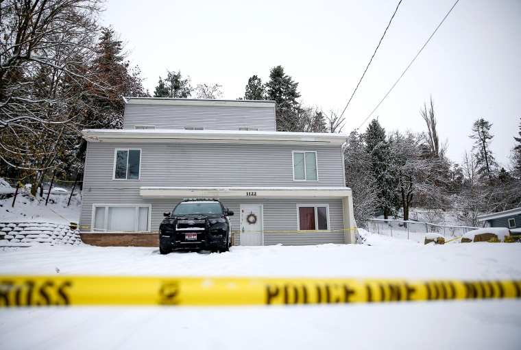 Moscow Police monitor the residence where four University of Idaho students were killed in Moscow, Idaho, on Nov. 30, 2022. 