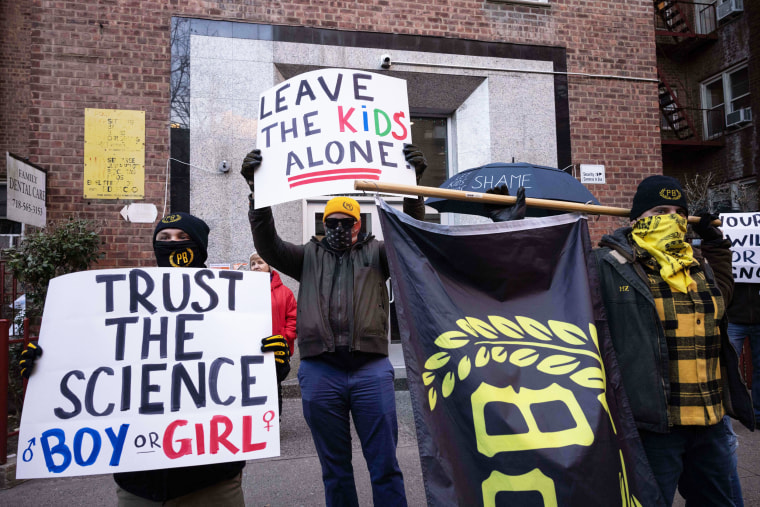 Members of the Proud Boys raise protest Drag Story Hour outside the Queens Public Library