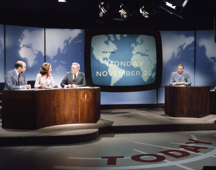 Joe Garagiola, Barbara Walters, Frank McGee and Frank Blair on the set of TODAY