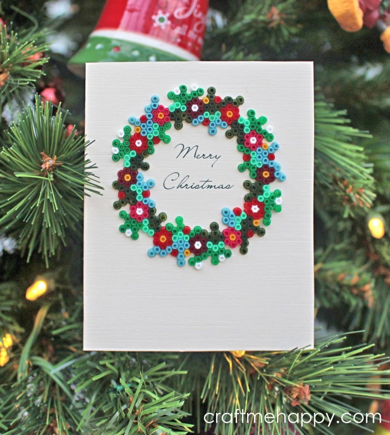 christmas card with beaded wreath on front