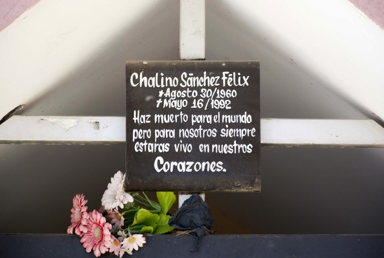 View of a plaque on a cenotaph erected in memory of singer Chalino Sánchez, on May 15, 2022 in Culiacán, Sinaloa.
