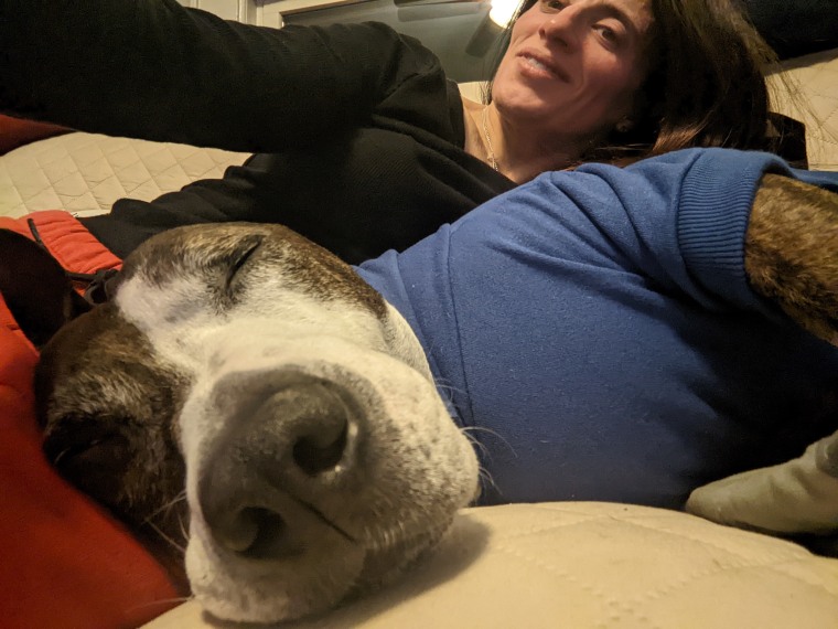 Van Gogh enjoys a nap alongside his adopter, Jessica Starowitz. 