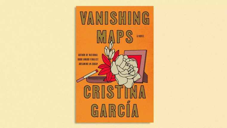 La portada en inglés del libro de la cubanoestadounidense Cristina García, titulado "Vanishing Maps". Sobre un fondo naranja muestra un cigarro sobre un cenicero, una flor carmesí y un marco de fotografía