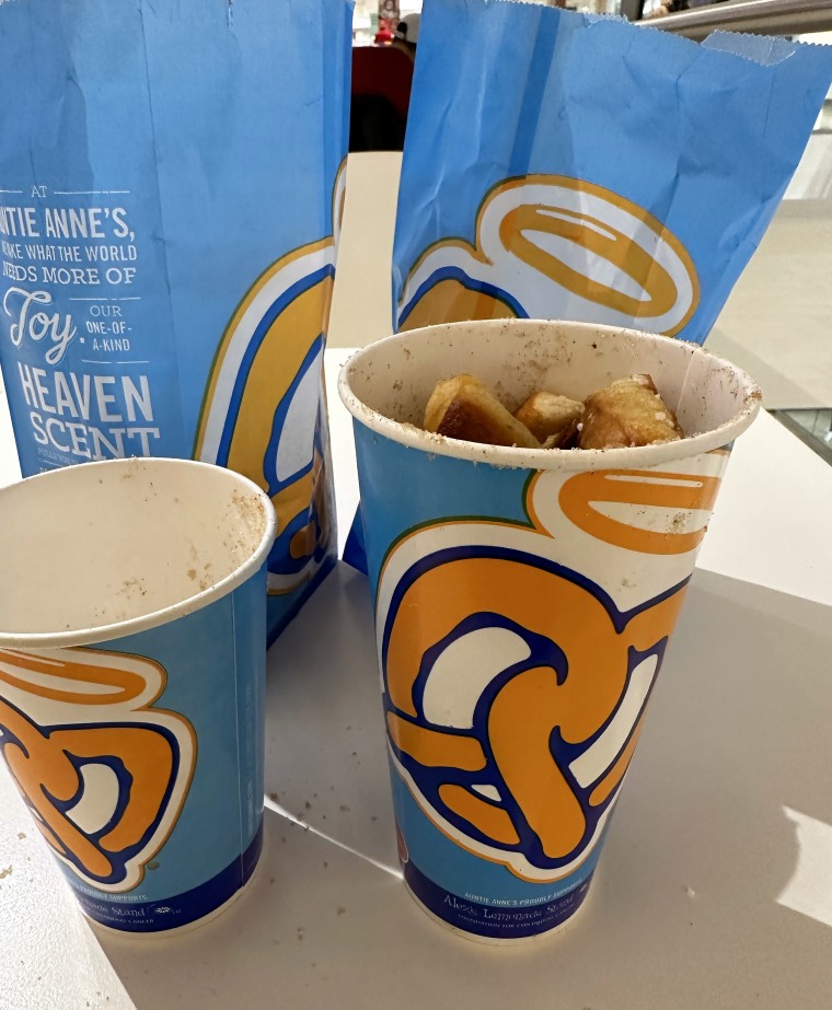 A small order of Auntie Anne's Original Pretzel Nuggets sitting in a regular-sized cup.