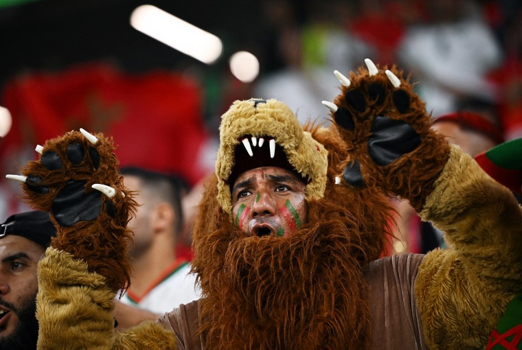 Un fanático marroquí viste un traje de león para alentar a su selección. 