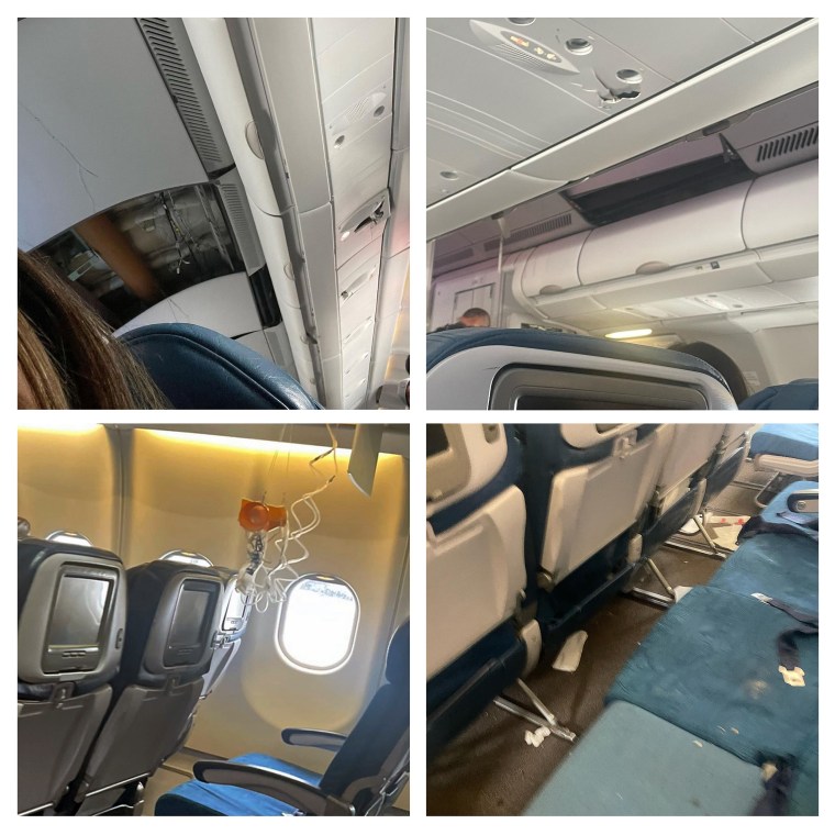 This photo combination of mobile images, courtesy of passenger Jazmin Bitanga, shows the interior of a Hawaiian Airlines plane flying from Phoenix to Honolulu after severe turbulence rocked the flight on Dec. 18. 