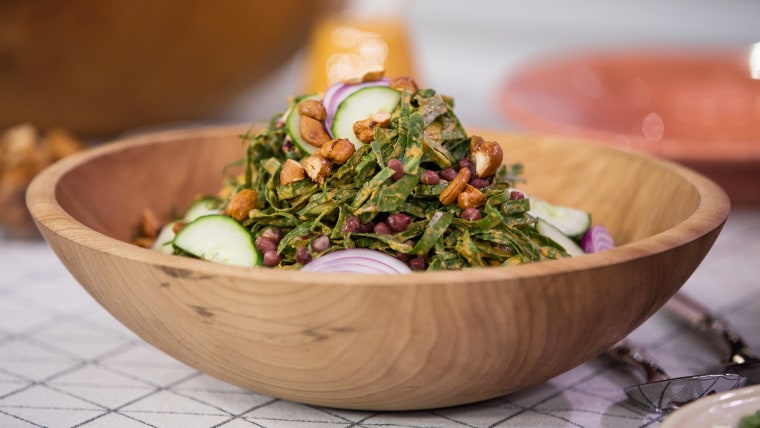 JJ Johnson's Grilled Chicken Thighs with Adobo Sauce + Collard Green Salad with Coconut Dressing