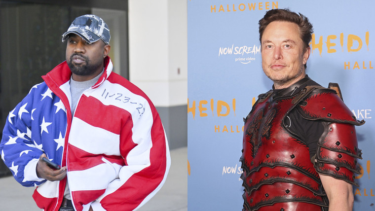 Kanye West portando chamarra con la bandera de Estados Unidos, Elon Musk vestido de superhéroe en alfombra roja.