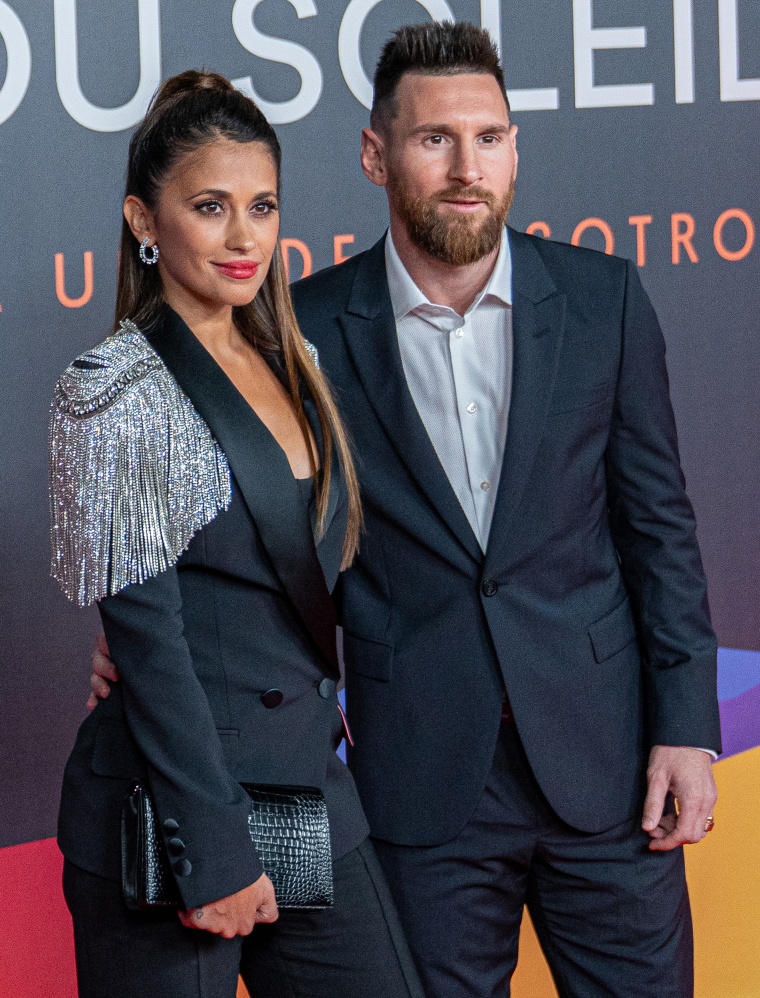 Lionel Messi and wife Antonella Rocuzzo on the red carpet for the premiere of Messi10 by Cirque Du Soleil.