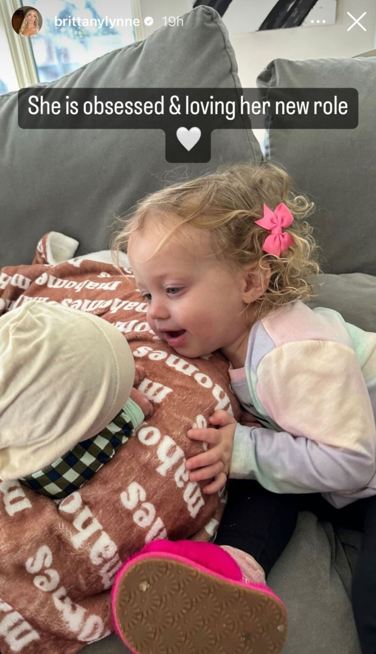 Patrick and Brittany Mahomes' daughter Sterling with her new sibling, Bronze.