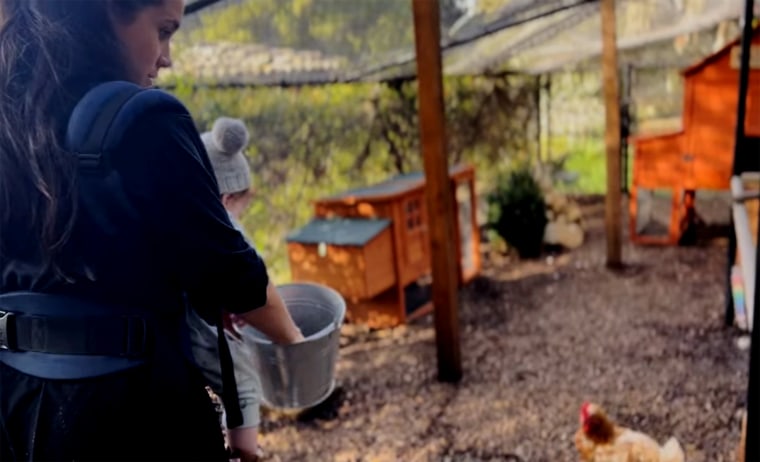 Meghan Markle feeds chickens with one of her children in a baby carrier. 